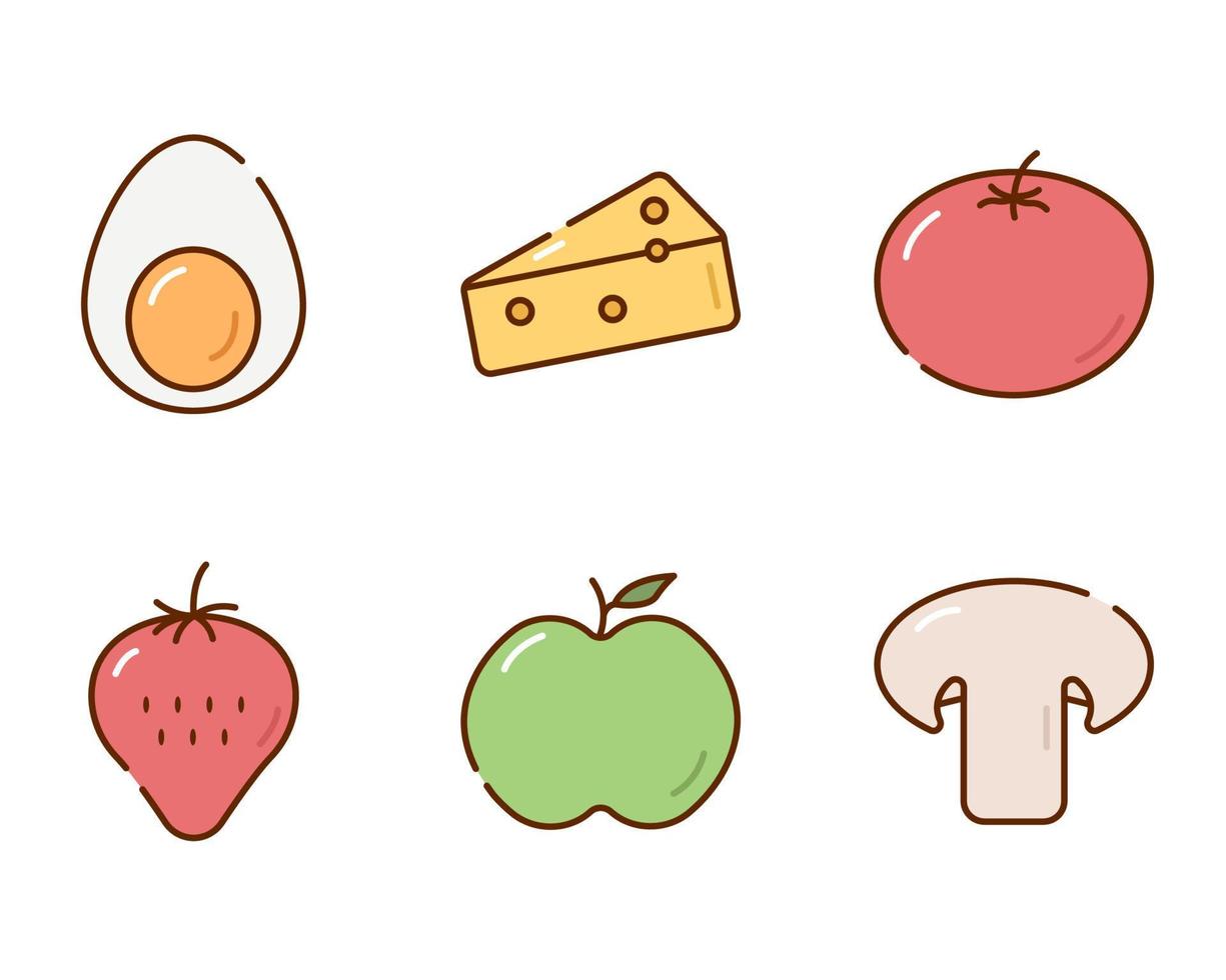 Healthy food icons set. Cute colorful icons egg, cheese, tomato, strawberry, apple, champignon. Vector illustration isolated on white background