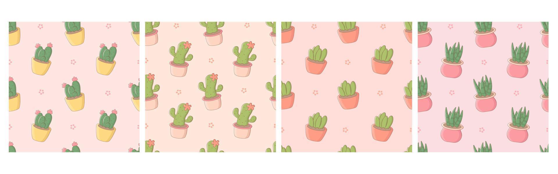 Collection of seamless pattern with cartoon cactuses and potted plants. Cute print for phone case, backgrounds, fashion, wrapping paper and textile. Vector Illustration