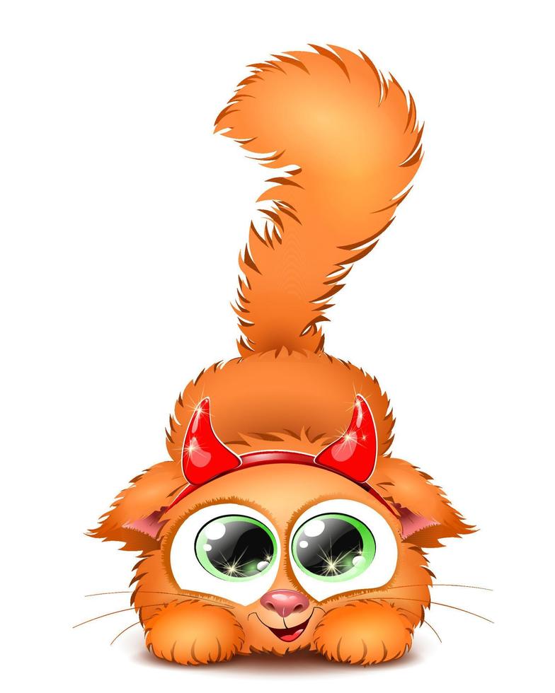 Cute red fluffy playful cartoon cat with red devil horns headband. vector