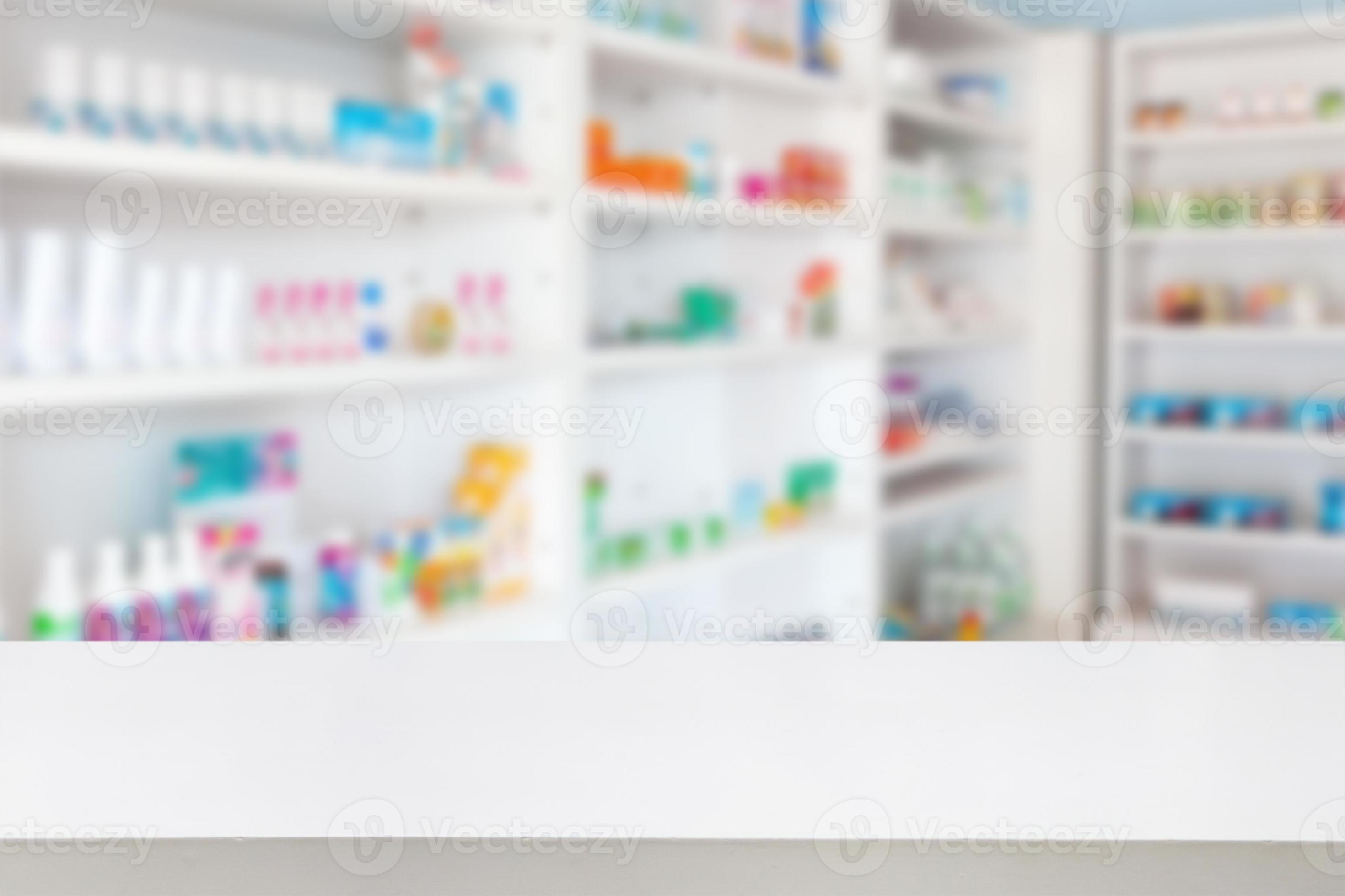 mostrador de farmacia con fondo abstracto borroso con medicamentos y