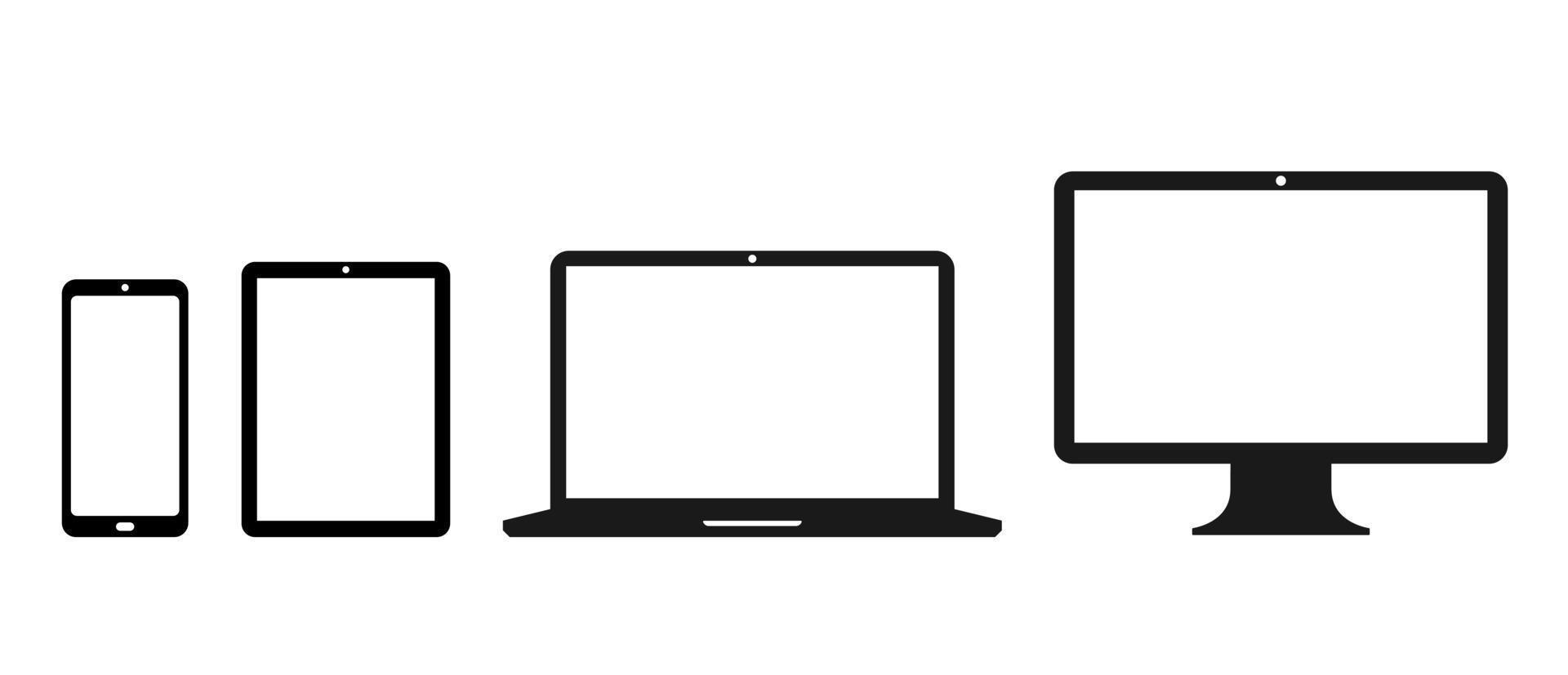 Modern Digital Devices icon set. Computer Monitor, laptop, tablet and smartphone with blank screen. Flat vector illustration