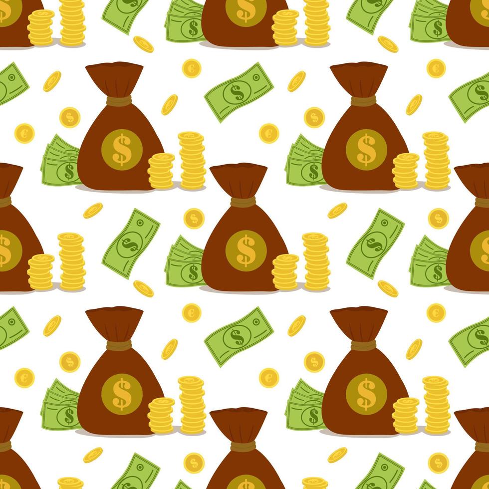 Vector seamless pattern with a bag of money. Money bag template. Making money, saving, investing, web design, business advertising.Vector seamless pattern with a bag of money.