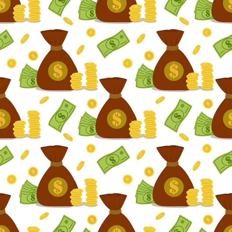 Vector seamless pattern with a bag of money. Money bag template. Making money, saving, investing, web design, business advertising.Vector seamless pattern with a bag of money.