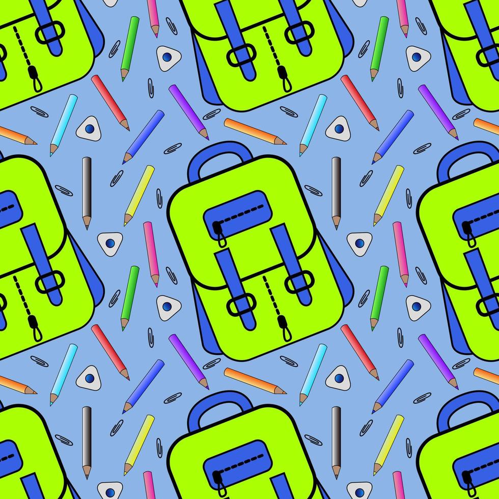 Vector seamless pattern with school backpacks   bright colors. School supplies. Ideal for children's posters, packaging, textiles, web design, postcards.