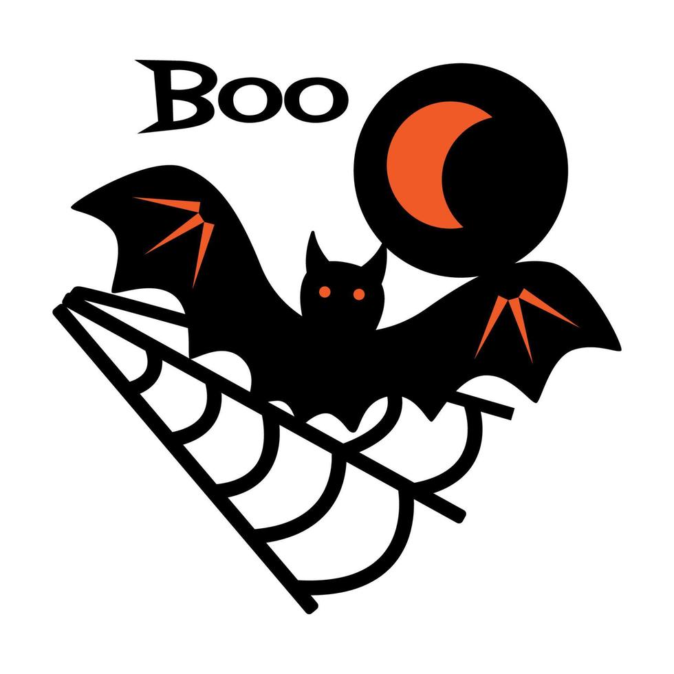 Boo inscription with moon, bat, web. Typography element on white background. Illustration for prints on t-shirts and bags, posters, cards. vector