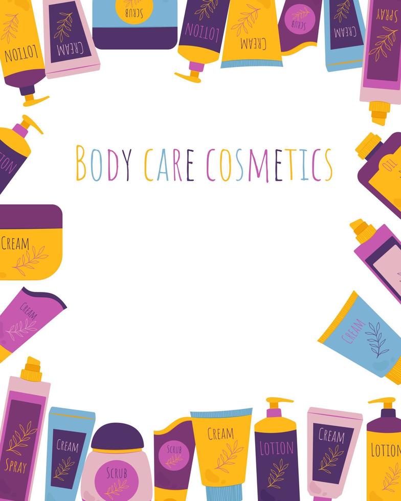 Jars and tubes with cosmetics banner or greeting card. Body care cosmetics. Vector illustration in flat style