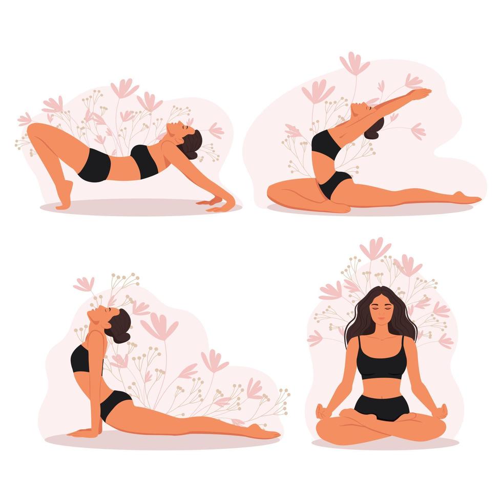 chica haciendo yoga, diferentes poses de yoga conjunto de personajes femeninos. Ejercicios de meditación en posición de loto. ilustración vectorial vector