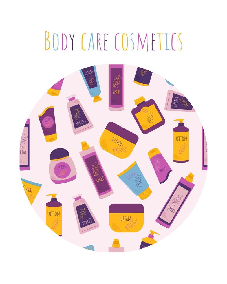 frascos y tubos con banner de cosméticos o tarjeta de felicitación. cosméticos para el cuidado del cuerpo. ilustración vectorial en estilo plano vector