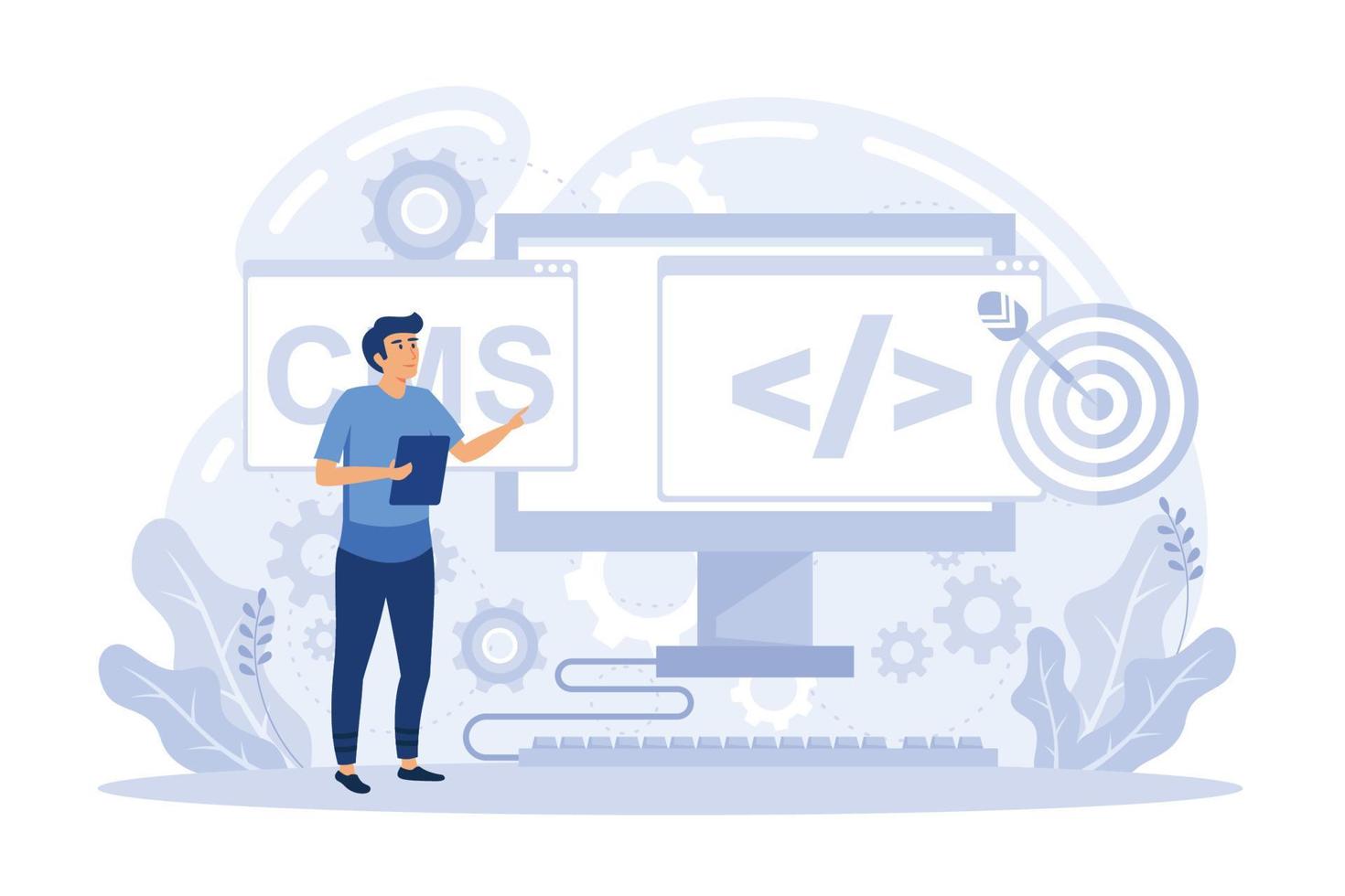 Website development, web design. Programming and coding, php and mysql development, cms development flat vector illustration