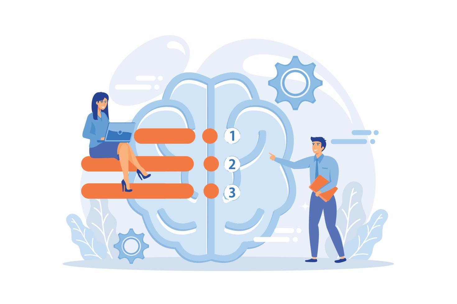 Brain with tasks and users with laptops planning. Strategy and planning, analyzing, setting goals, business planning and project management concept. flat vector modern illustration