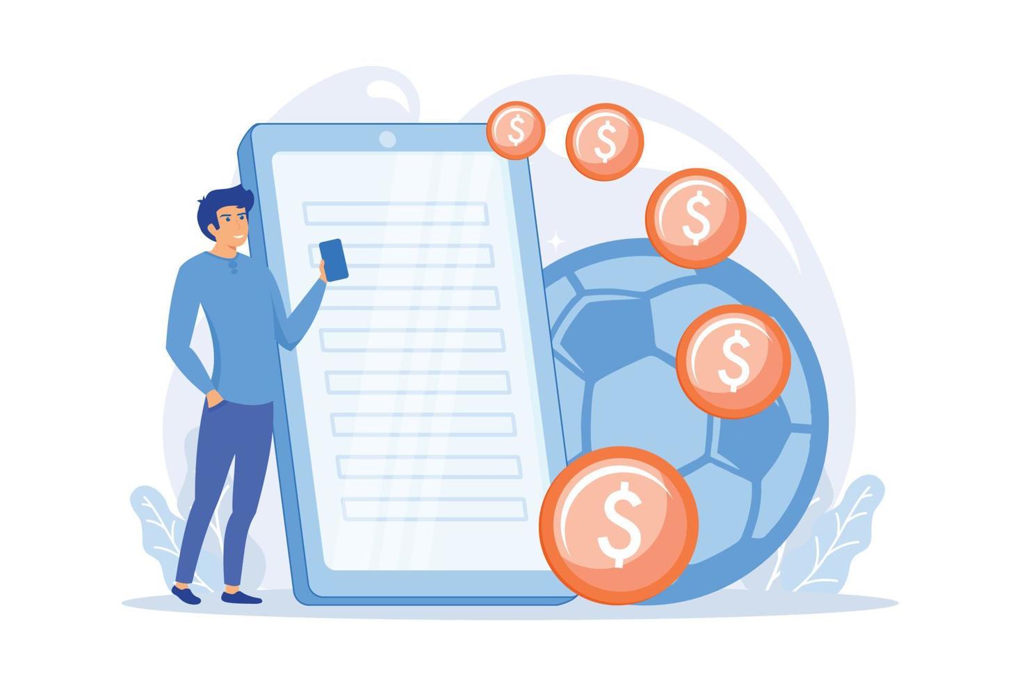 Man with smartphone, gambler placing football bets. Mobile gambling addiction, sports betting application, soccer match results prediction. flat vector modern illustration