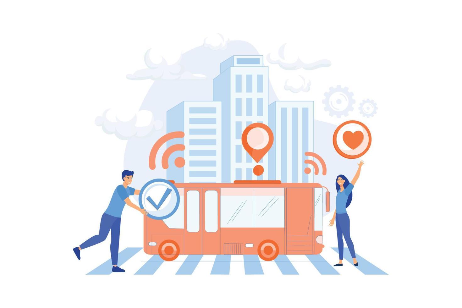 Passengers like and approve autonomos robotic driverless bus. Autonomous public transport, self-driving bus, urban transport services concept. vector
