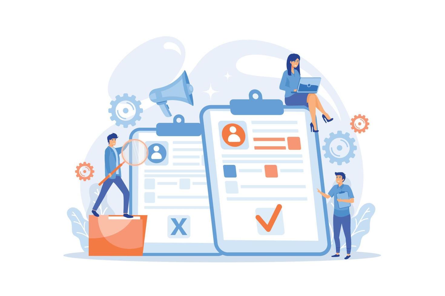 Company hr managers hiring a new employee using resume, magnifier and megaphone. Hiring employee, filling out resume, hiring process concept.flat vector modern illustration