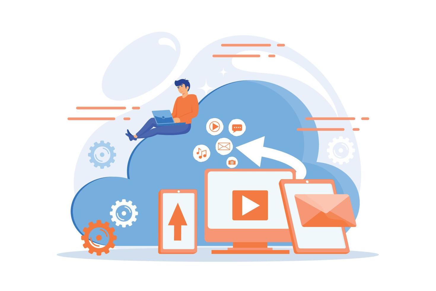 Digital devices and businessman with laptop on cloud using IaaS. Cloud based engine, infrastructure as a service, virtual machine on demand concept. flat vector modern illustration