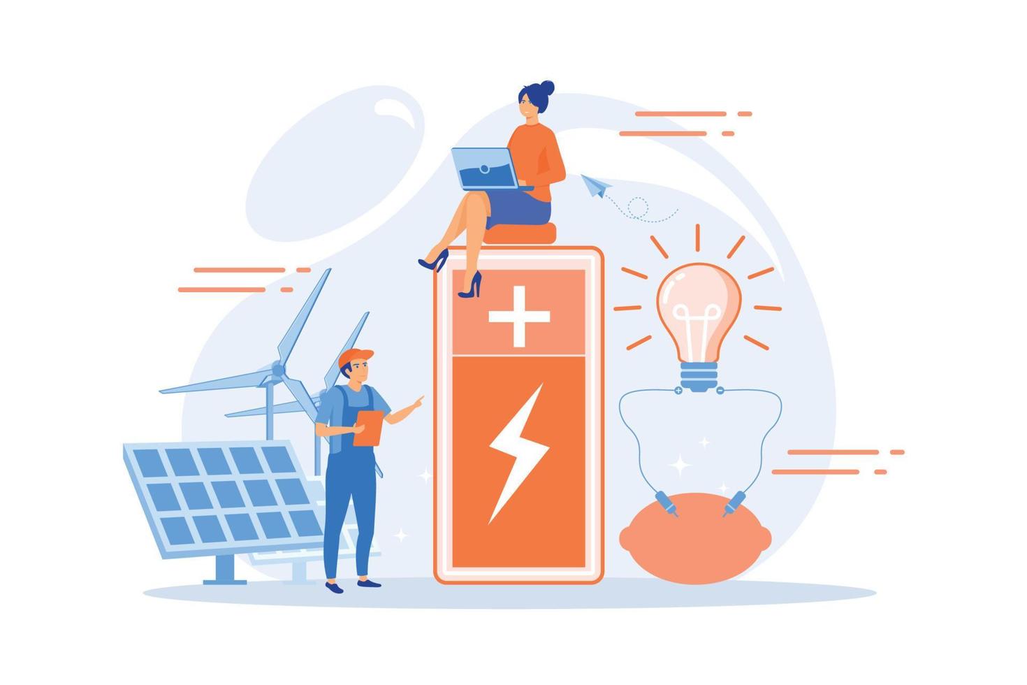 Scientists with lemon charging, solar pannels, wind turbines. Innovative battery technology, new battery creation, battery science project concept. flat vector modern illustration