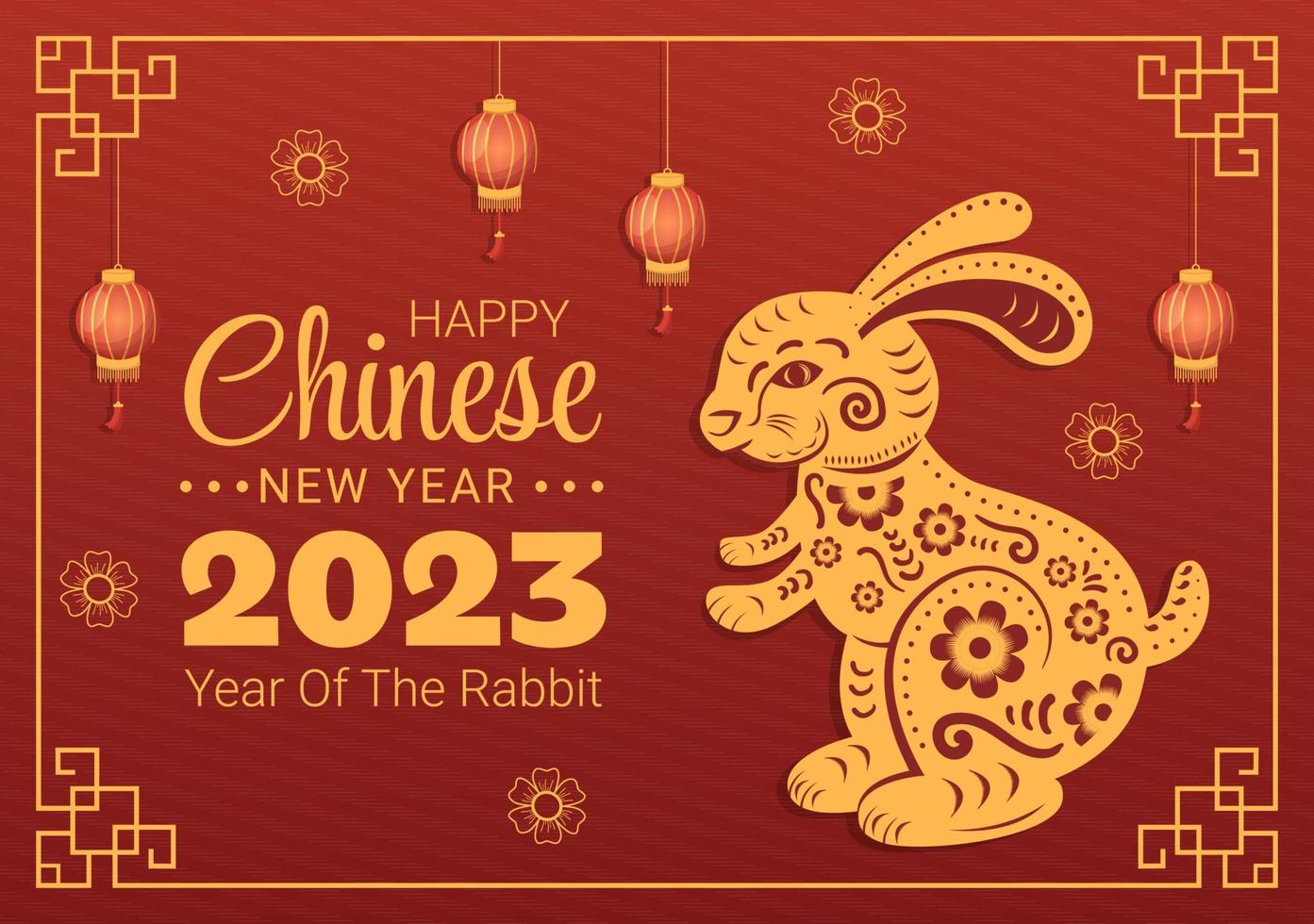 Chinese Lunar New Year 2023 Day of the Rabbit Zodiac Sign Template Hand Drawn Cartoon Flat Illustration with Flower, Lantern and Red Color Background vector