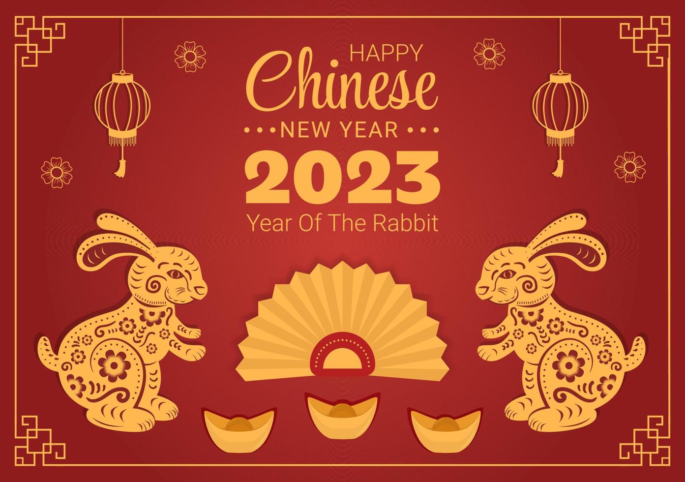 Chinese Lunar New Year 2023 Day of the Rabbit Zodiac Sign Template Hand Drawn Cartoon Flat Illustration with Flower, Lantern and Red Color Background vector