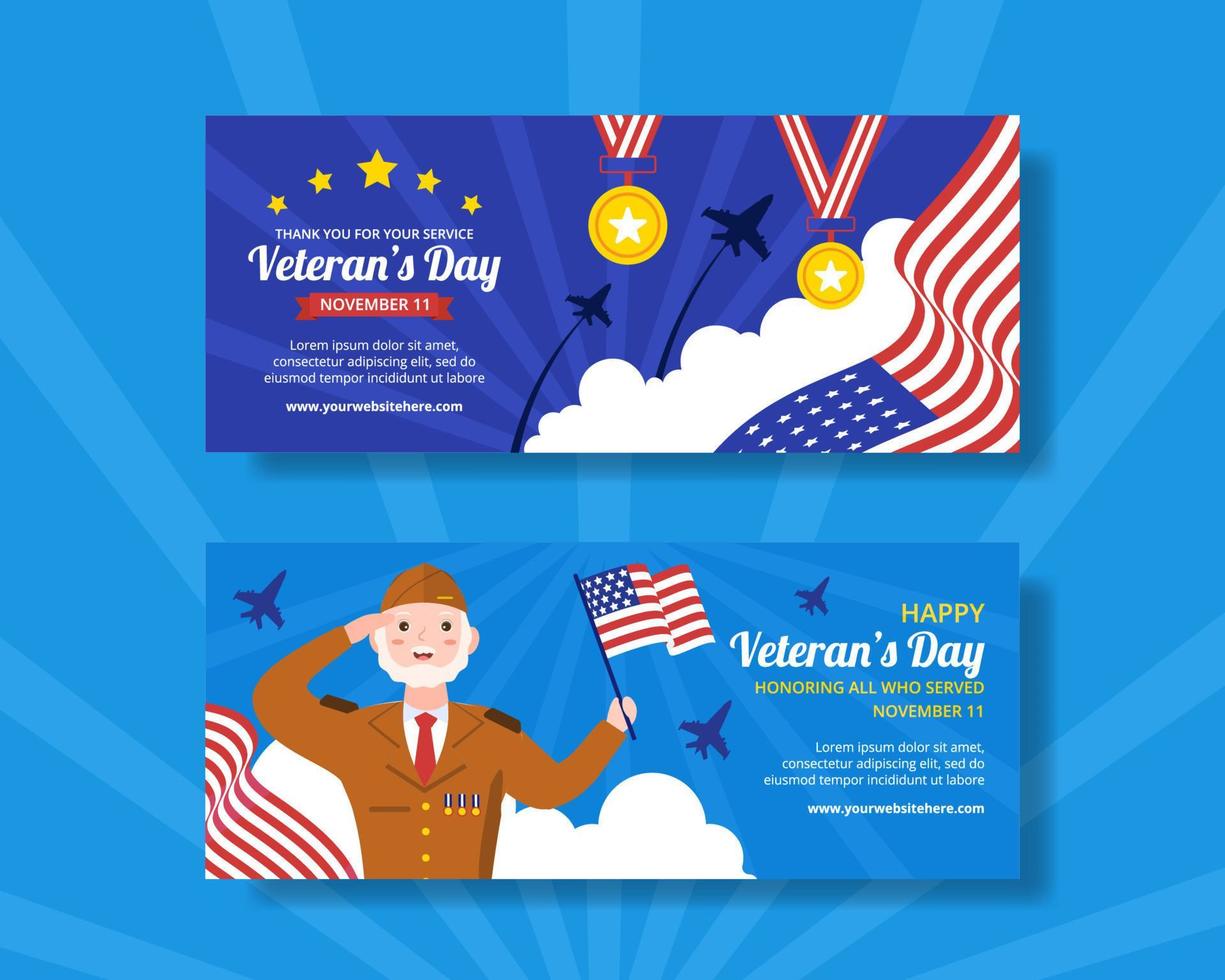 Happy Veterans Day Horizontal Banner Template Hand Drawn Cartoon Flat Illustration vector
