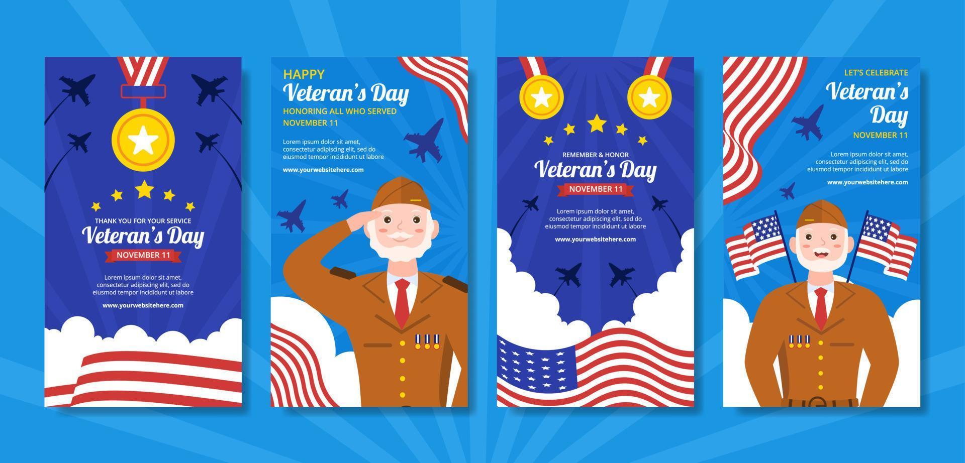 feliz día de los veteranos plantilla de historias de redes sociales dibujado a mano ilustración plana de dibujos animados vector