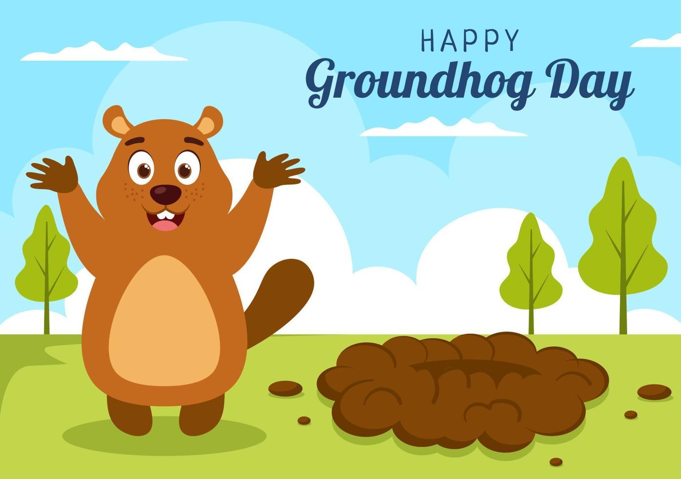 feliz día de la marmota el 2 de febrero con lindo personaje de marmota y plantilla de fondo de jardín ilustración plana de dibujos animados dibujados a mano vector