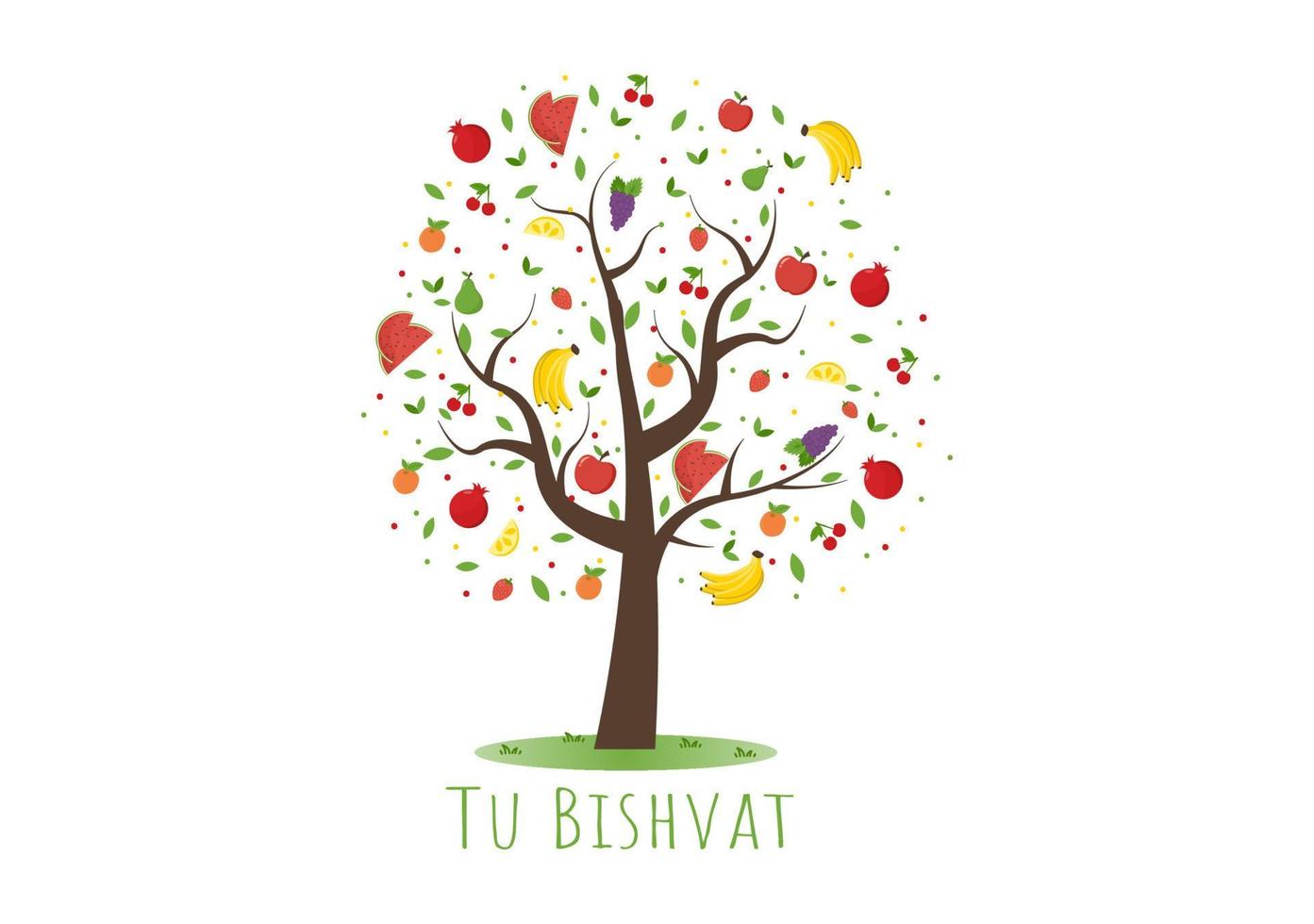 Tu BiShvat Template Hand Drawn Cartoon Flat Illustration Blooming tree with Objects of Seven Species of Fruits on White background Design vector