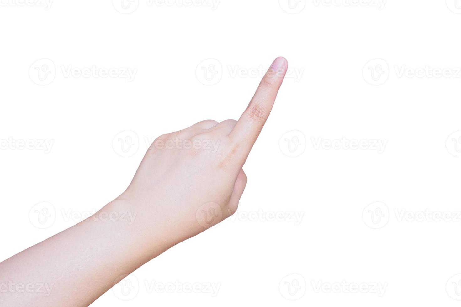 female hand touching or pointing to something isolated on white photo