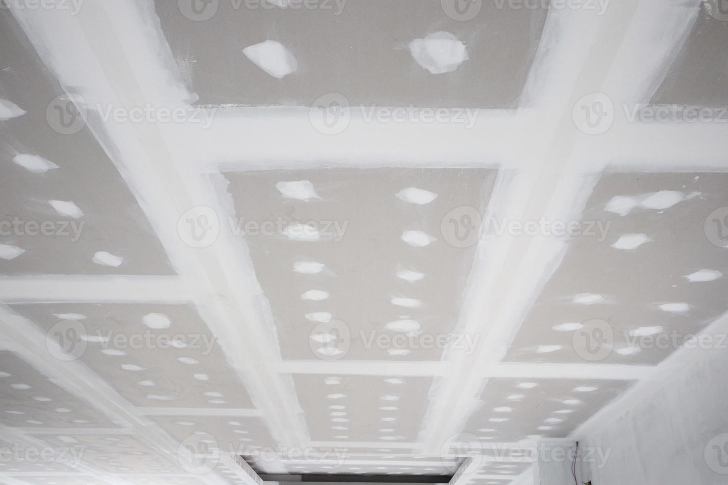 ceiling gypsum board installation at construction site photo