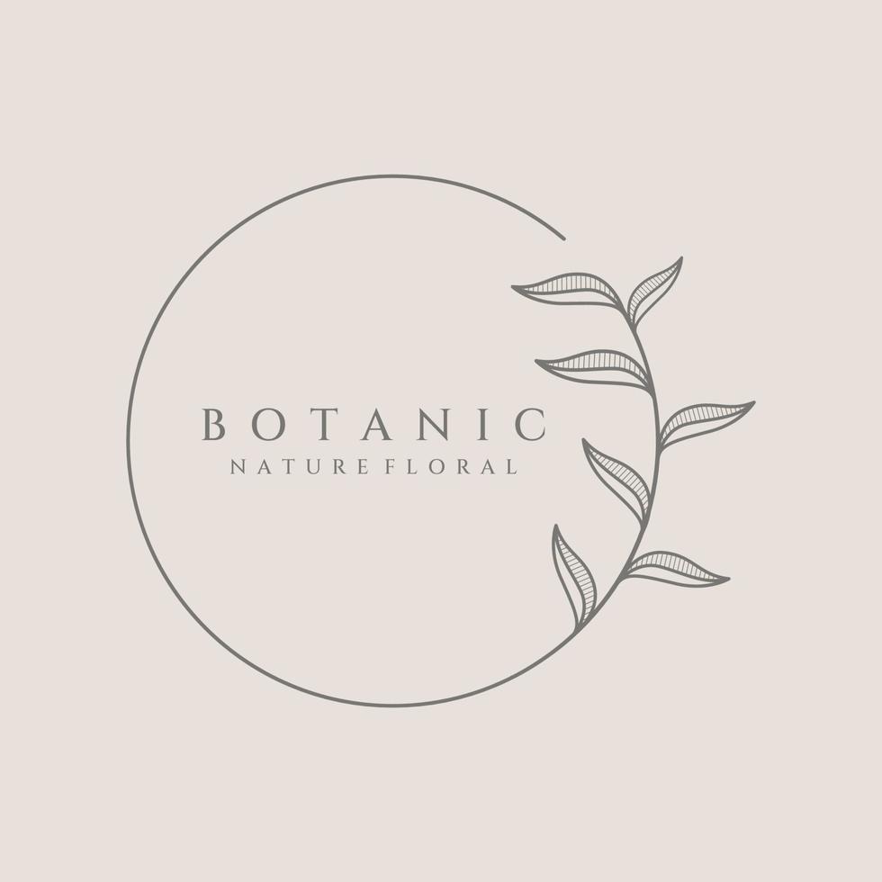 Natural botanical logo organic template vector design with leaves, flowers, stems. With minimalist outline, elegant.Suitable for beauty, badge,wedding and business.