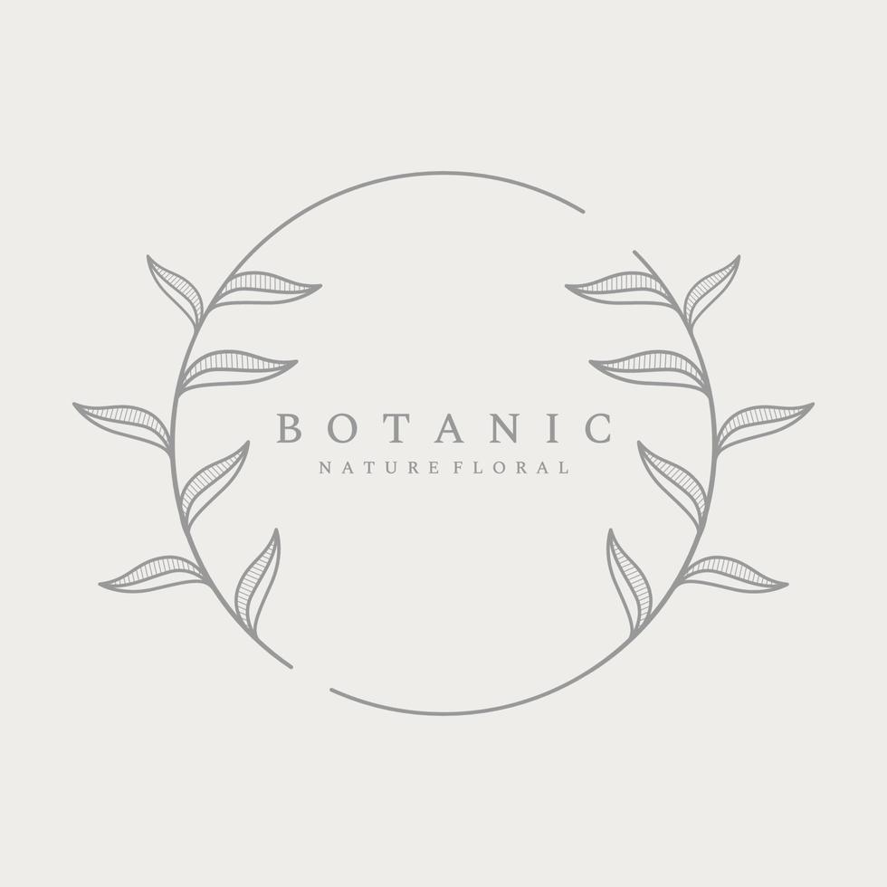 Natural botanical logo organic template vector design with leaves, flowers, stems. With minimalist outline, elegant.Suitable for beauty, badge,wedding and business.