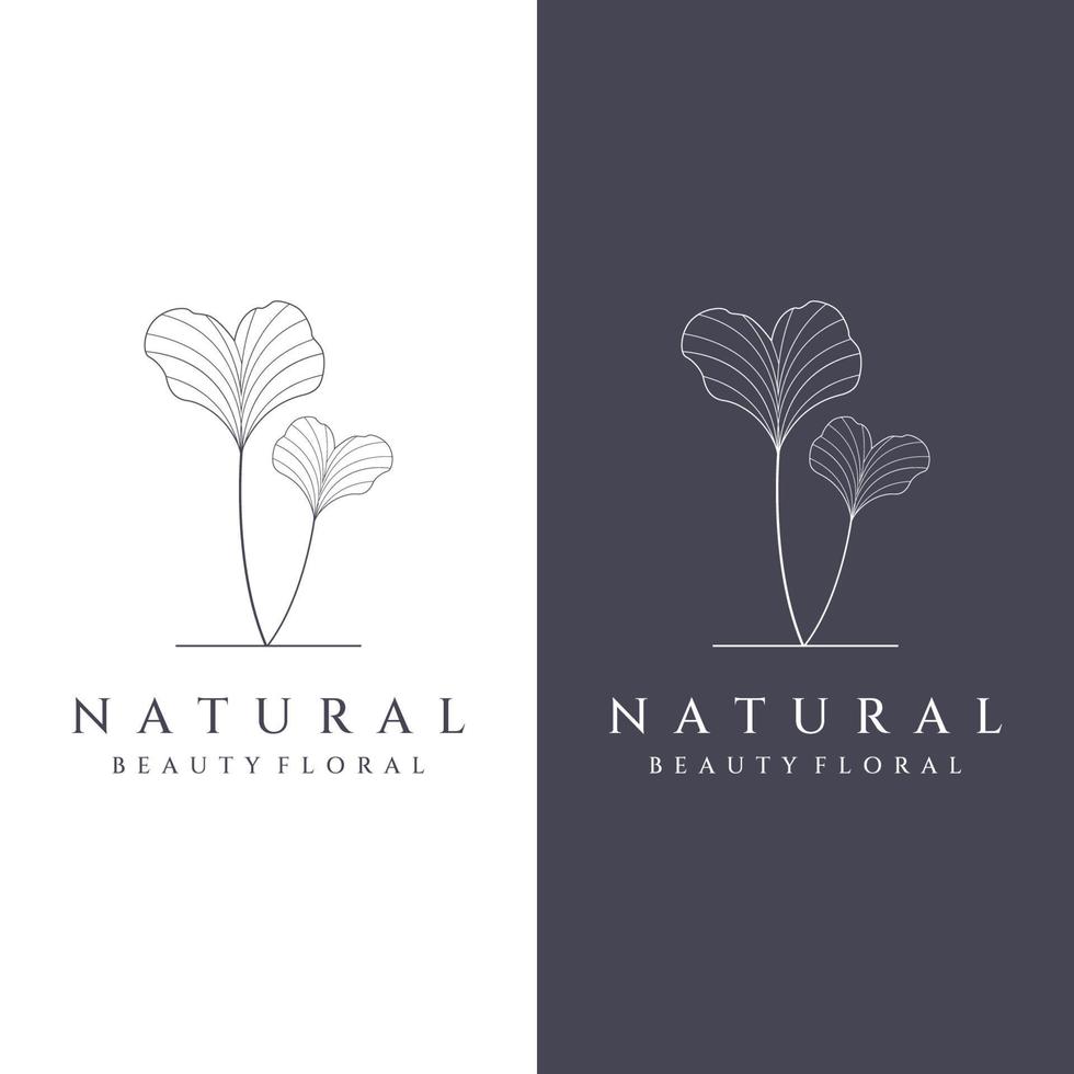 Natural botanical logo organic template vector design with leaves, flowers, stems. With minimalist outline, elegant.Suitable for beauty, badge,wedding and business.