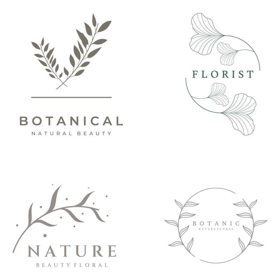 Natural botanical logo organic template vector design with leaves, flowers, stems. With minimalist outline, elegant.Suitable for beauty, badge,wedding and business.