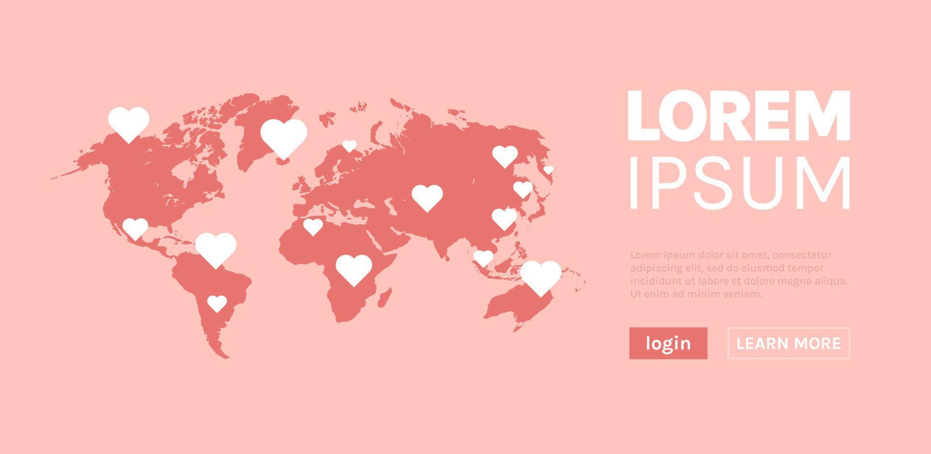 Happy valentines day banner and world map on pink background concept horizontal flat vector illustration.