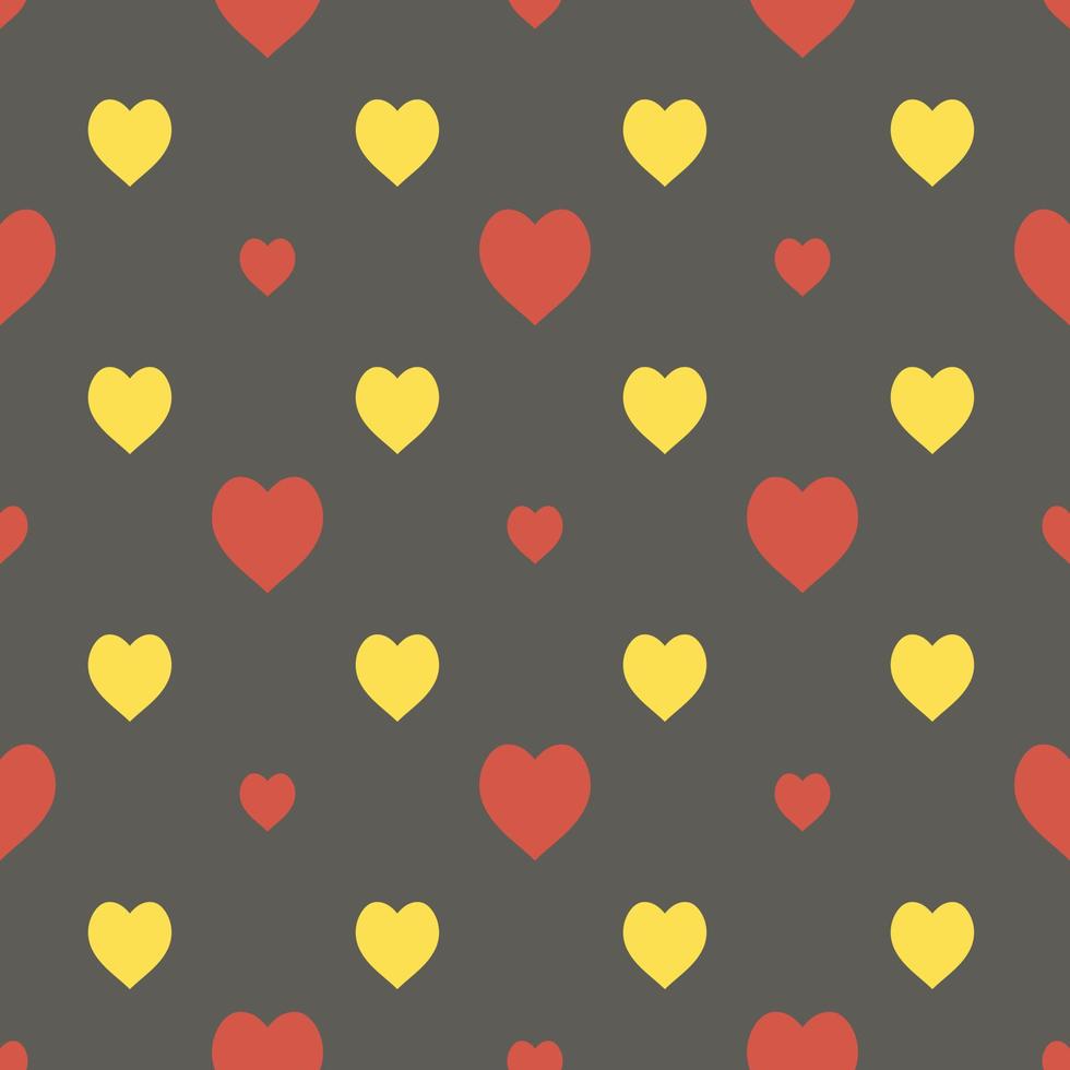 Seamless pattern in interesting red and yellow hearts on dark gray background for fabric, textile, clothes, blanket and other things. Vector image.