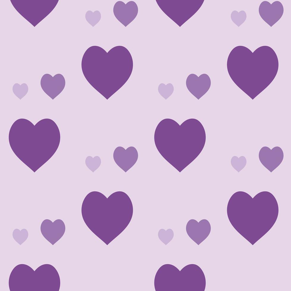 Seamless pattern with simple purple hearts on light pink background. Vector image.