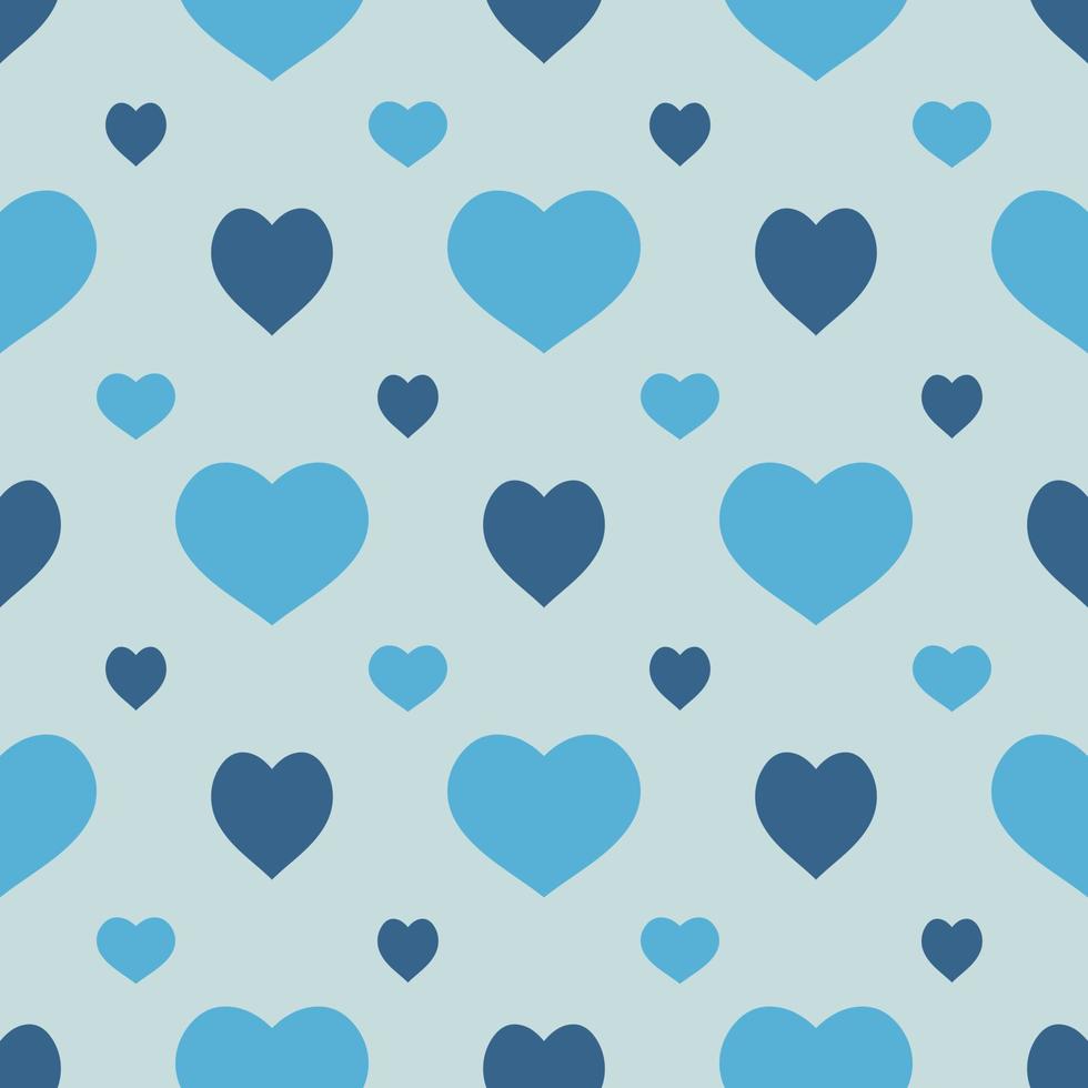 Seamless pattern with positive blue hearts on light blue background. Vector image.