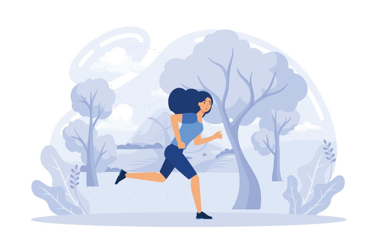 Girl running in the park. Woman doing physical activity outdoors at the park, running. Healthy lifestyle and fitness concept.  flat vector modern illustration