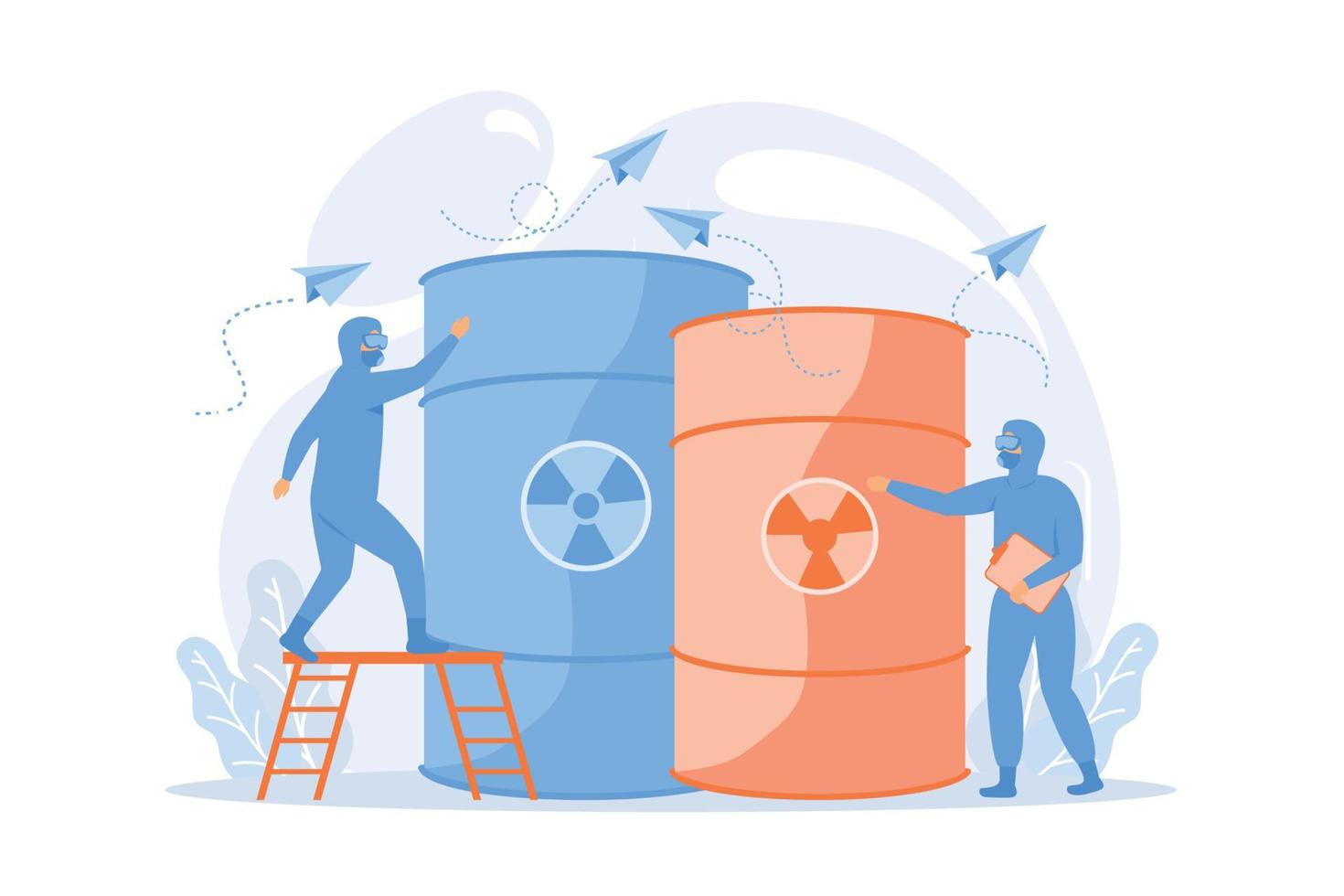 Radioactive barrels. People in protective suits with biological weapon. Chemical products. Poisonous substance, toxic casks, nuclear danger. vector