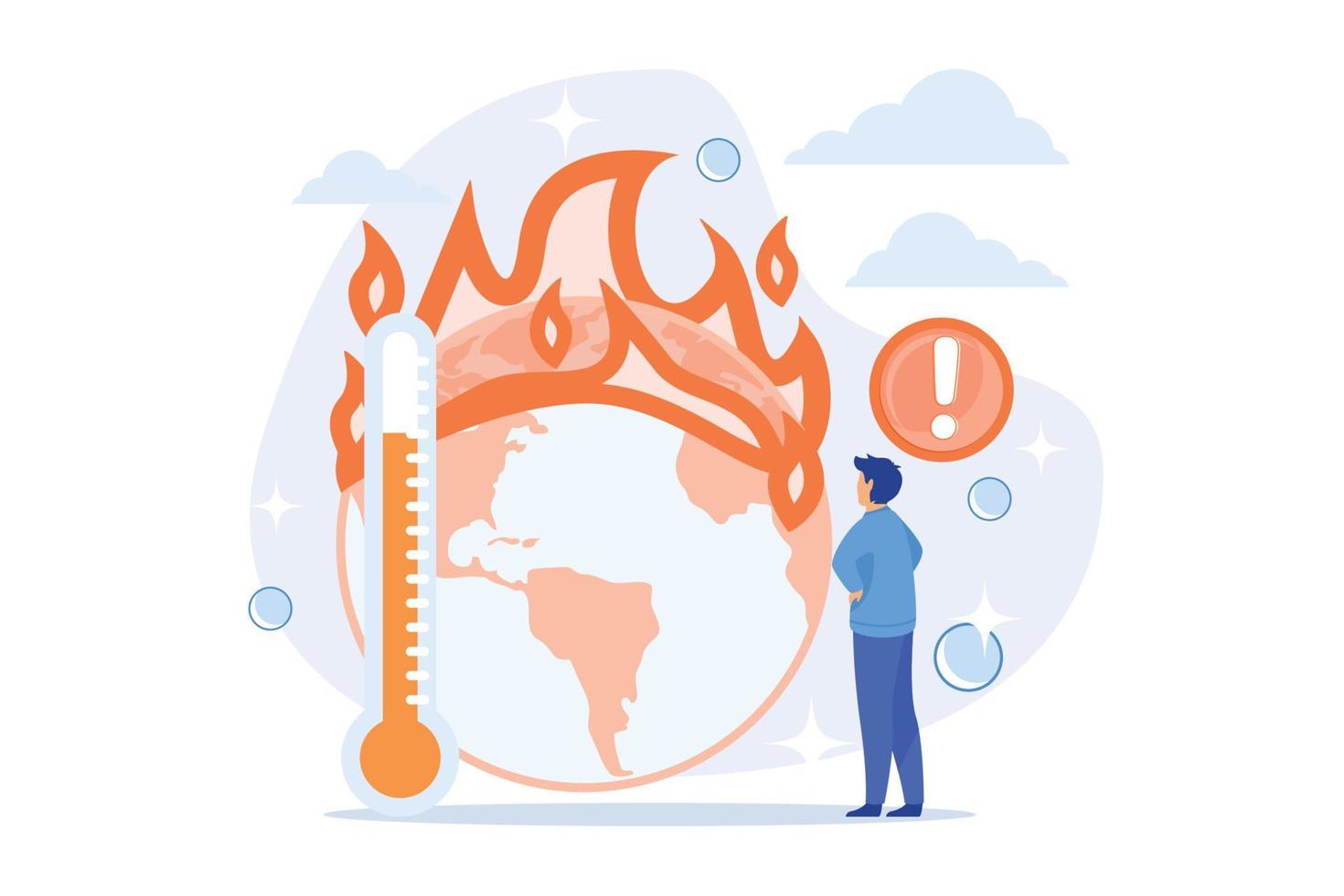 Earth climate change, temperature increase, global warming. Multiple fires, flora and fauna destruction, planet wildlife and humankind damage. flat vector modern illustration