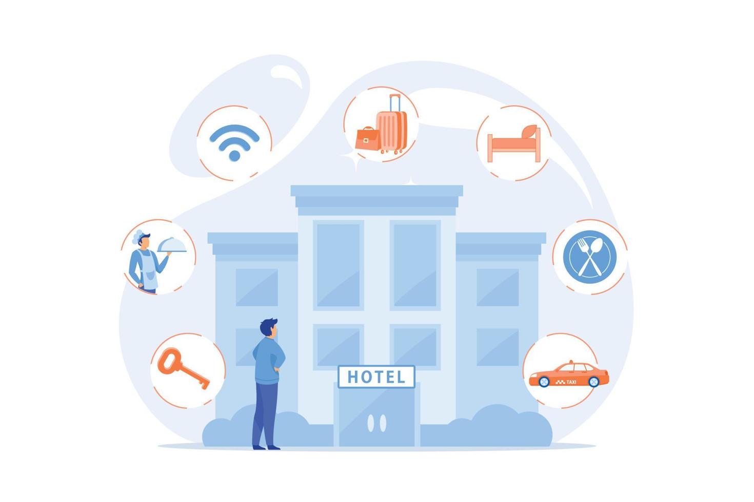 Luxurious inn, accommodation booking. Free wifi, room cleaning. Hospitality management, hotels business processes, hotel management system concept. flat vector modern illustration
