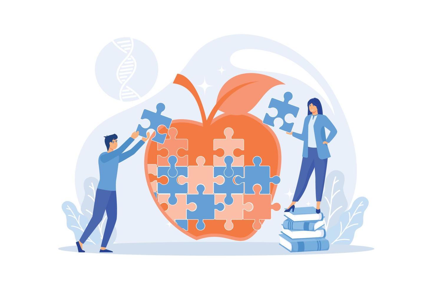 Scientists doing apple jigsaw puzzle. Genetically modified organism and engineered organism, molecular engineering concept on white background. flat vector modern illustration