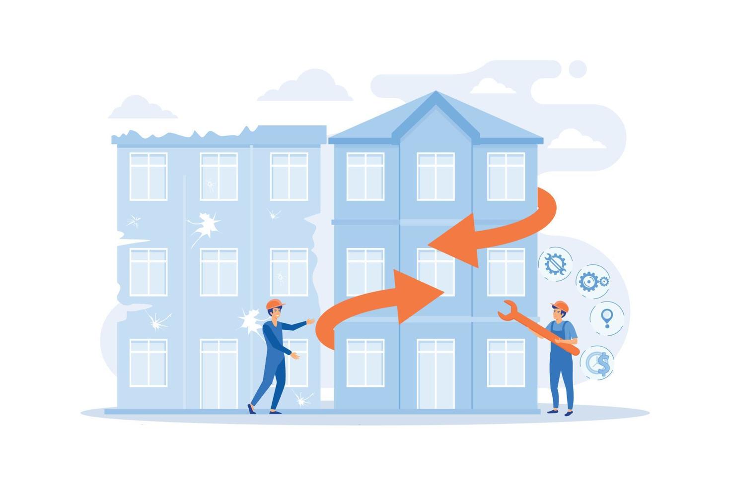 Residential house reconstruction, city renovation. Old buildings modernization, building up service, construction modernization solutions concept. flat vector modern illustration