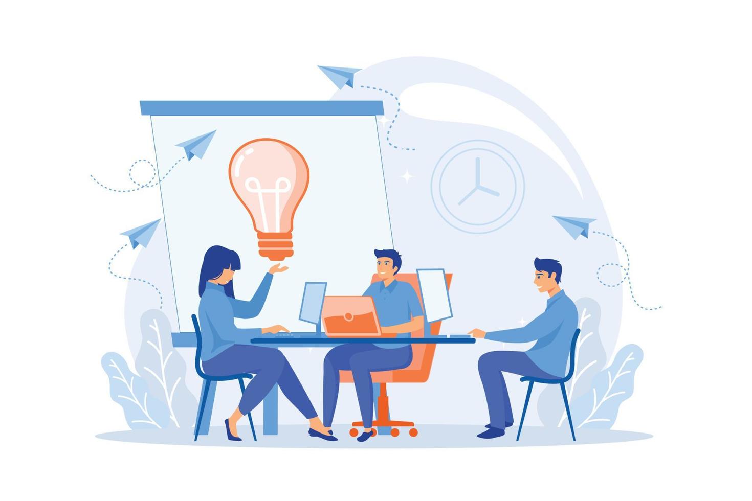 Business conference flat vector illustration. Office meeting, corporate presentation, coworking space concept. Businessmen brainstorm and teamwork. flat vector modern illustration