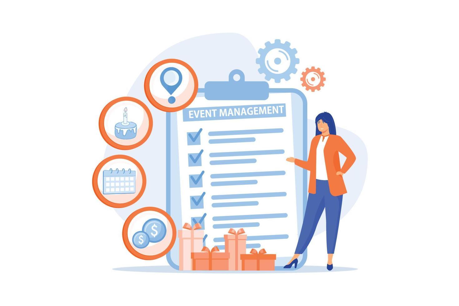 Manager with checklist creating event plan and development. Event management and planning service, how to plan an event, planning software concept. flat vector modern illustration