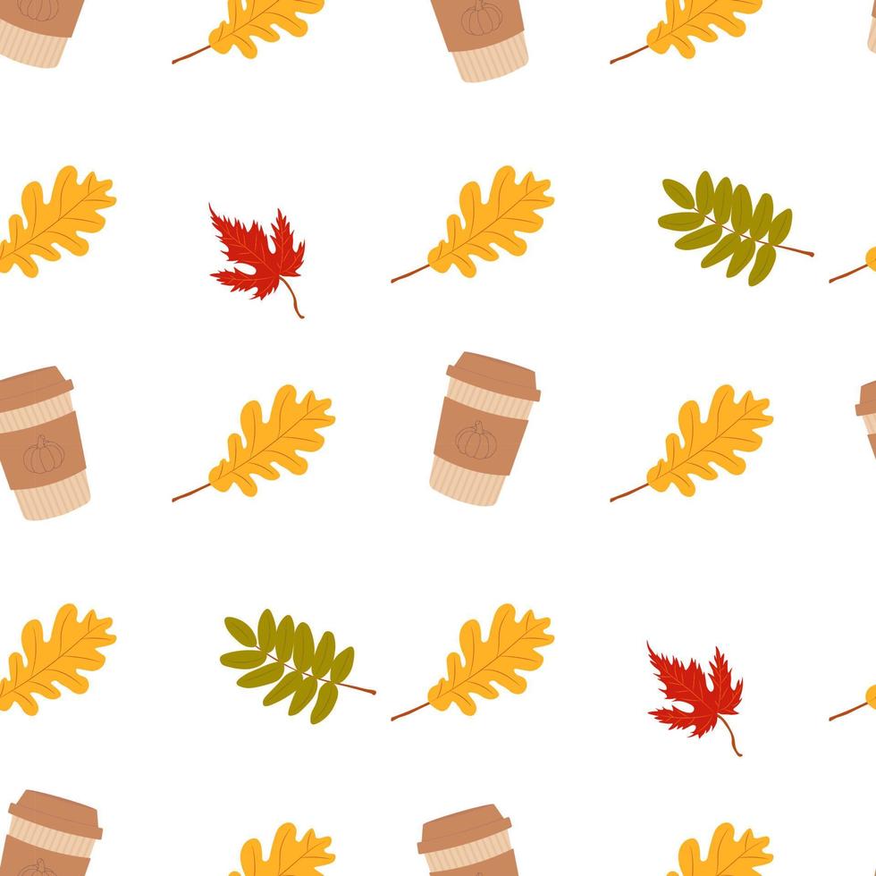 autumn pattern with pumpkin latte and autumn leaves. Autumn pattern for autumn design vector