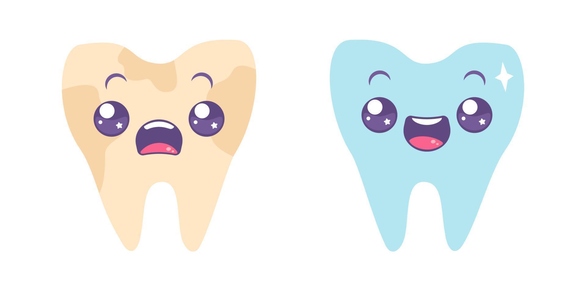 vector set iconos de dientes sucios y dientes blancos. ilustración de diente en estilo kawaii.