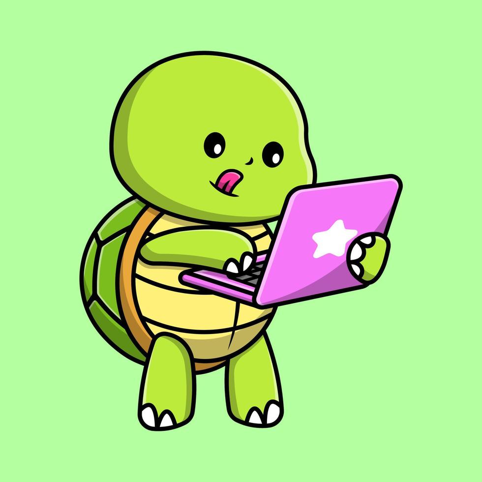 Cute Turtle Playing Laptop Cartoon Vector Icon Illustration. Flat Cartoon Concept