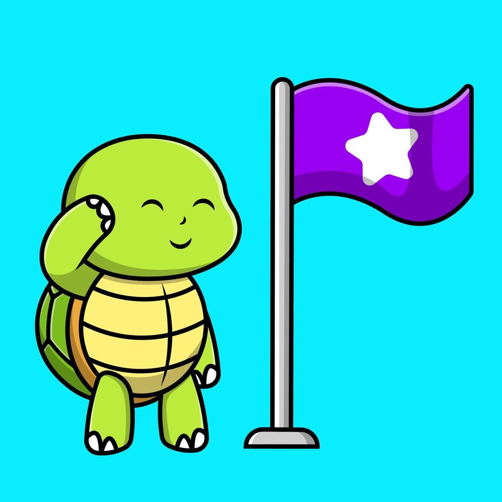 Cute Turtle Respect Sea Star Flag Cartoon Vector Icon Illustration. Flat Cartoon Concept