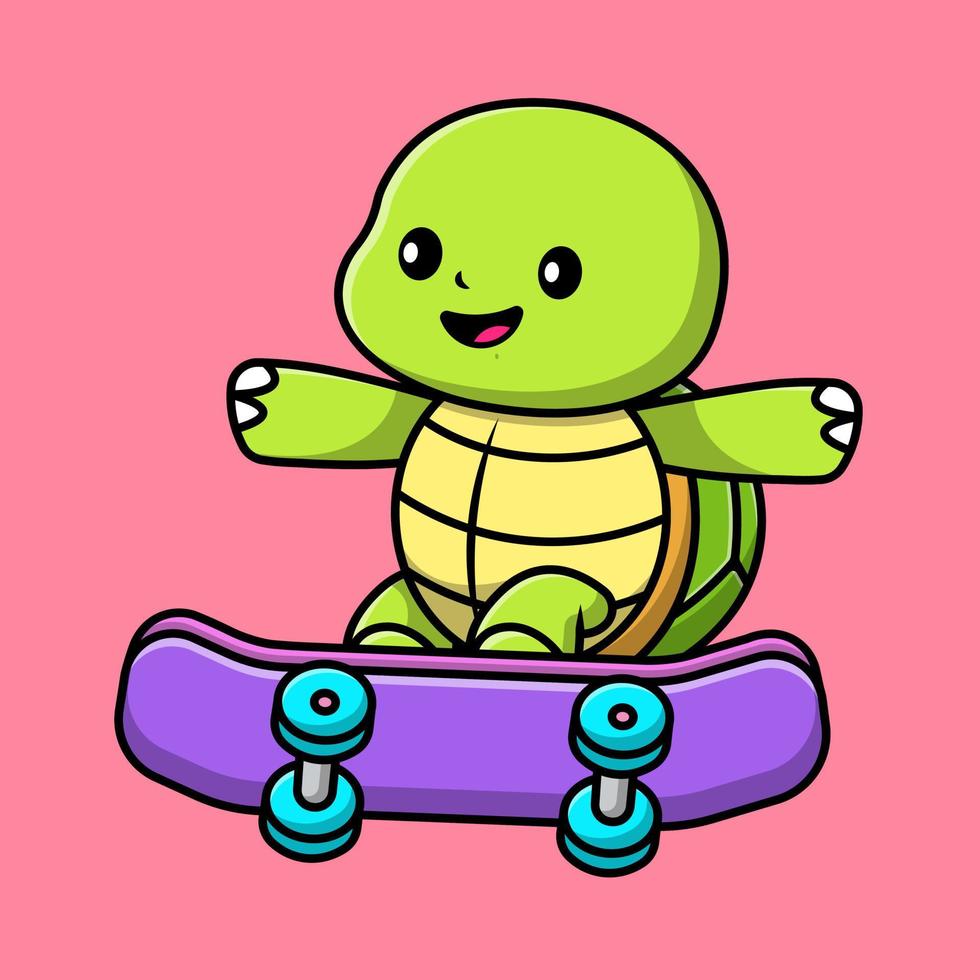 Linda tortuga jugando patineta dibujos animados vector icono ilustración. concepto de dibujos animados plana