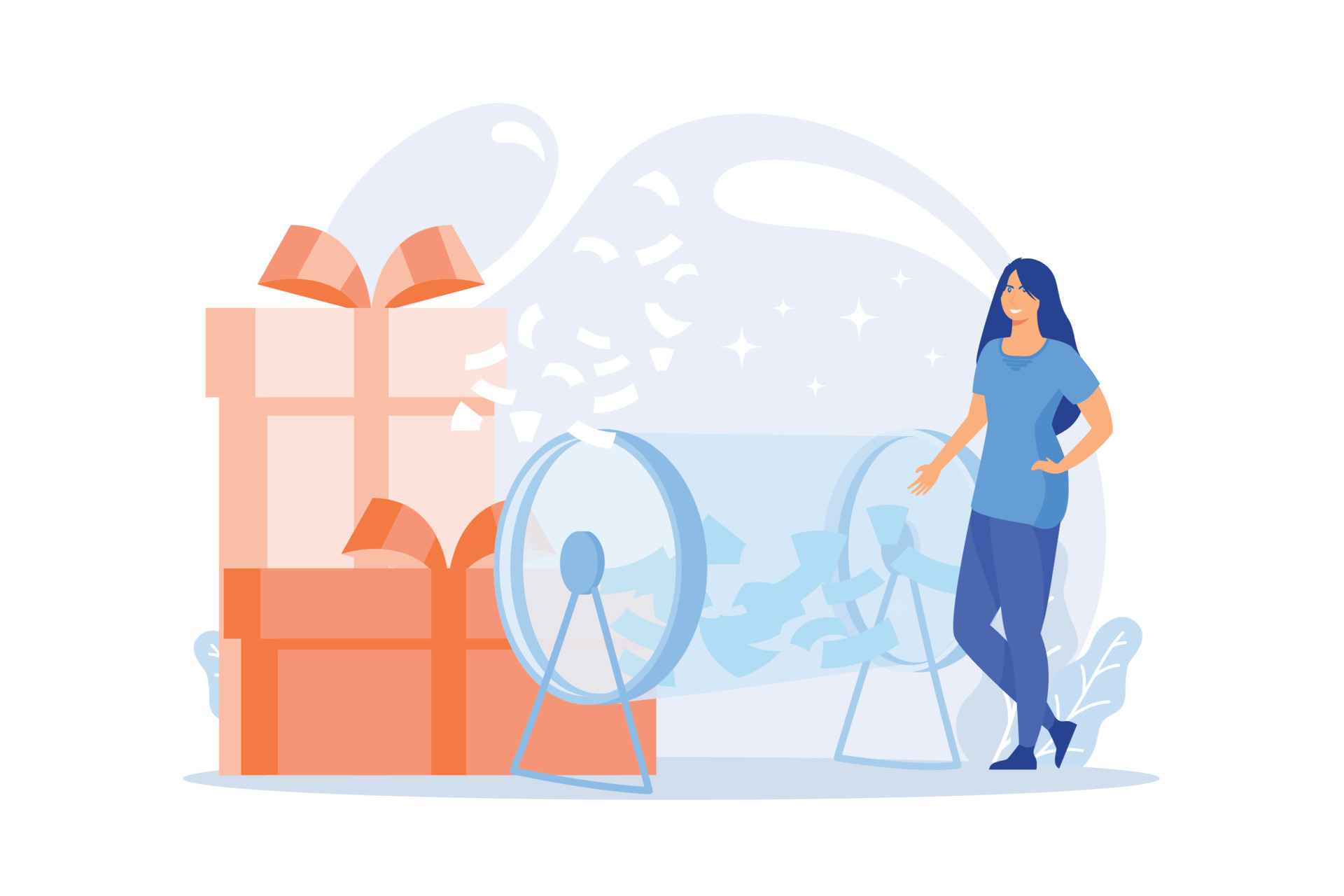 Woman turning raffle drum with tickets. Prize draw, random choice