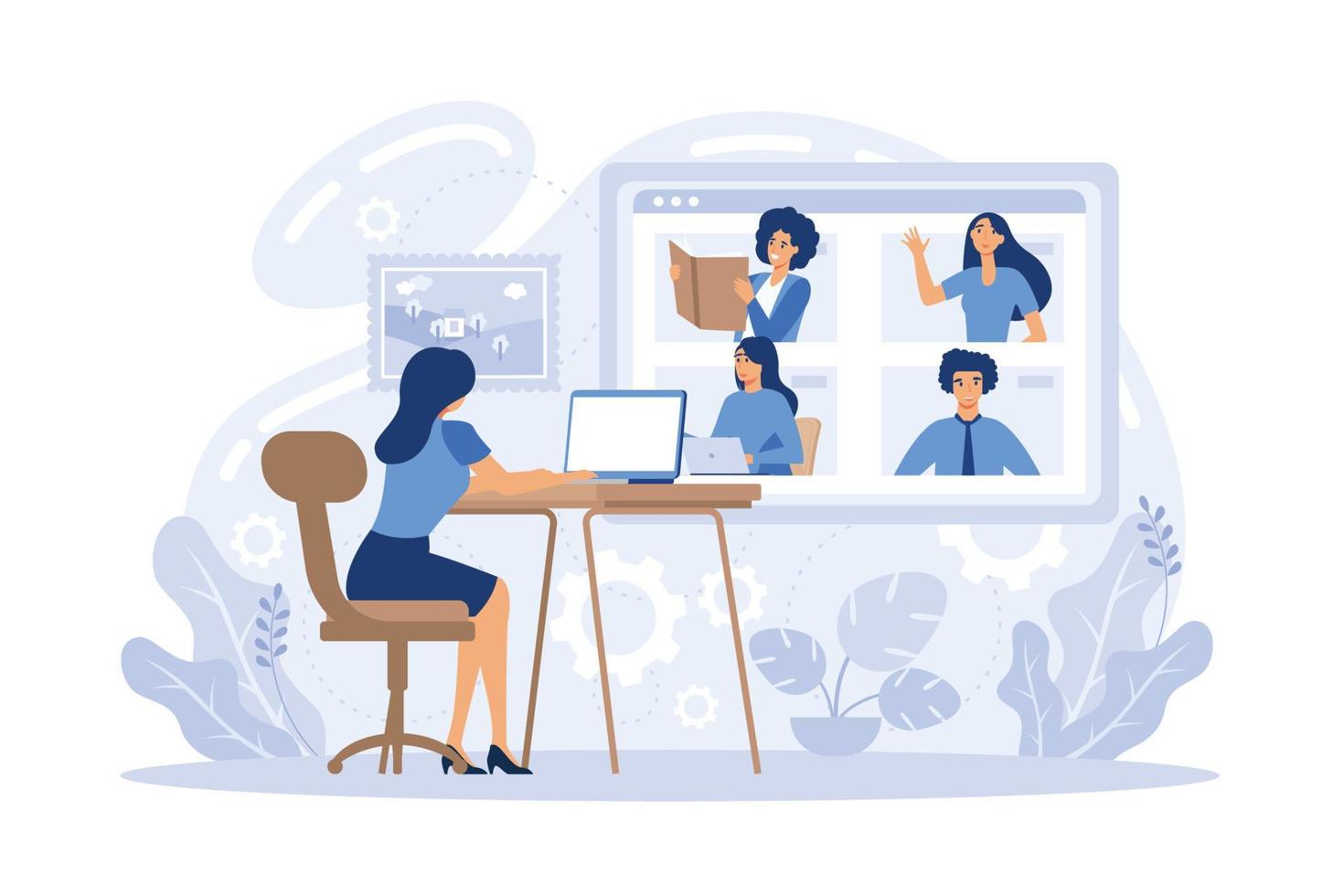 mujer joven que tiene videoconferencia con colegas. videollamada corporativa, discusión distante. amigos hablando en línea. concepto de trabajo en equipo durante la cuarentena. ilustración vectorial plana vector